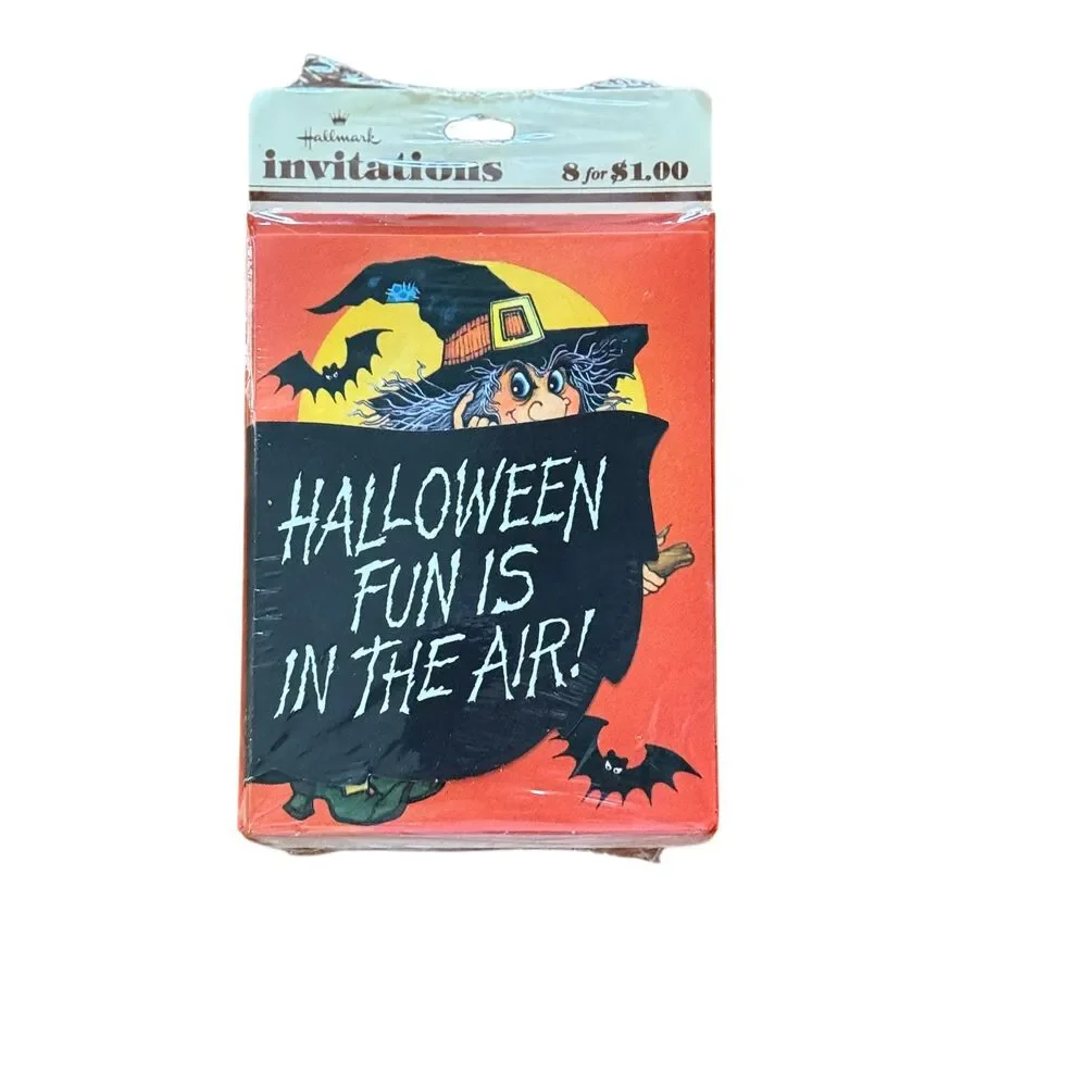 2 Vintage Hallmark Halloween Invitations Packs Witch Bat Sealed & Opened NOS